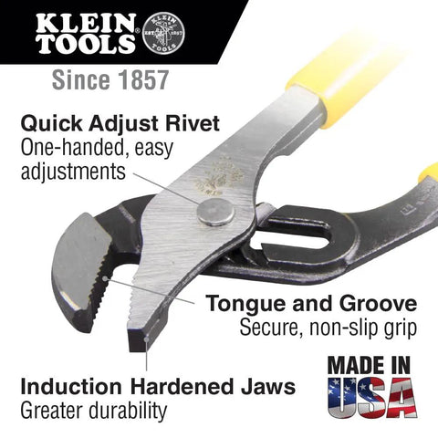 Close-up of Klein Tools pliers with quick adjust rivet and induction hardened jaws, part of Electrician Tool Kit 14-Piece With Hand Tools.