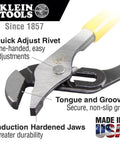 Adjustable Jaw Pump Pliers 10 Inch With Quick Adjust Rivet For One Hand Use, Tongue And Groove Locking Pliers displayed with features.