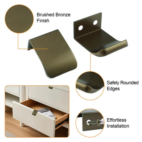 Six Pack Finger Edge Pulls Self Adhesive Concealed Cabinet Handles For Wardrobe And Drawers 30mm Antique Bronze, close-up view