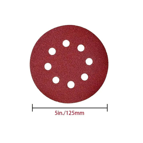 50 Pcs 5 Inch 125mm Wet Dry Sanding Discs With Eight Holes For Wood Metal Polishing And Surface Smoothing Tasks. Red abrasive disc.