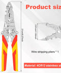 No Sweat Folding Wire Stripper Crimper 14 In 1 Multifunctional Pliers, 4CR13 stainless steel, 21cm long, with insulated handles.