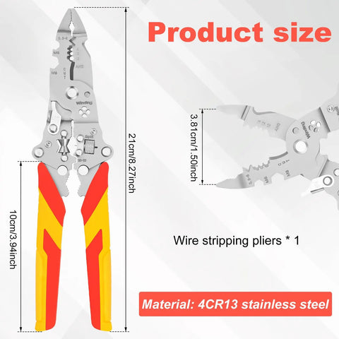 No Sweat Folding Wire Stripper Crimper 14 In 1 Multifunctional Pliers, 4CR13 stainless steel, 21cm long, with insulated handles.