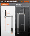 Diagram showing Two Pack Welding Table Clamps with Six Point Five Inch Opening Capacity for Five Eighth Inch Holes.