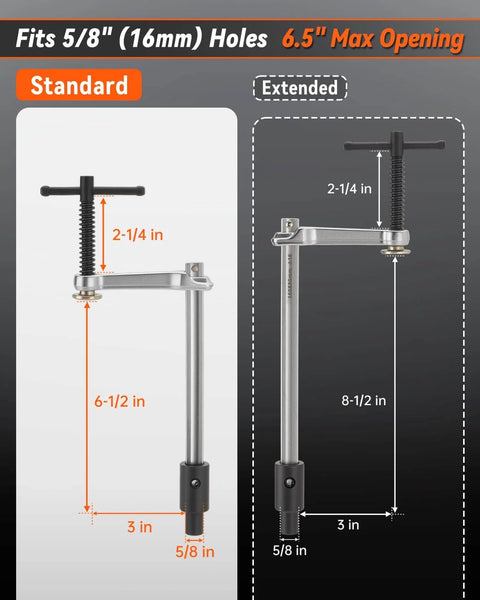 Diagram showing Two Pack Welding Table Clamps with Six Point Five Inch Opening Capacity for Five Eighth Inch Holes.