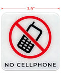 Log Off And Chill Out Self Adhesive Acrylic Sign Pack Of 2 3.95 Inch Square Weatherproof No Cellphone Zone Sticker With Bold Print For Cafes Or Offices, 3.9-inch square sign with 'No Cellphone' graphic.