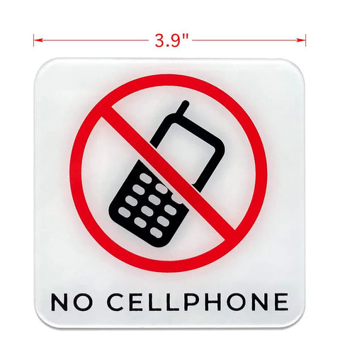 Log Off And Chill Out Self Adhesive Acrylic Sign Pack Of 2 3.95 Inch Square Weatherproof No Cellphone Zone Sticker With Bold Print For Cafes Or Offices, 3.9-inch square sign with 'No Cellphone' graphic.