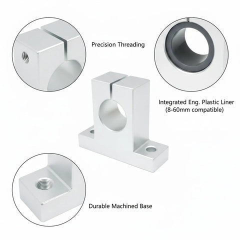 Rock Solid Aluminum Shaft Support Block And Bearing Housing With Precision Mounting Pad showing precision threading and machined base.