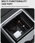 Tesla Model Y 2021-2024 And Model 3 2021-2023 Center Console Organizer Kit 3Pc Carbon Fiber Edition showing center console USB port