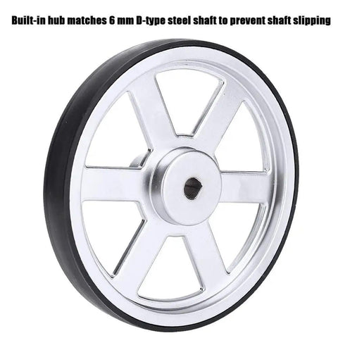 Close-up of aluminum hub on Two Pack Metal Robot Wheels With Neoprene Tire Tread For Replacement Built Tough For Grippy Traction