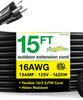 Beefy 15 Foot Outdoor Extension Cord 16/3 SJTW Black Weatherproof Contractor Grade Power Lead For Tools And Gear Moisture Resistant Abrasion Resistant Sunlight Durable.