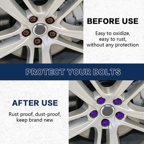 Comparison of wheel bolts before and after using 20 Pack Lug Nut Covers 19mm Hex With Removal Tool, Glossy Purple Finish.