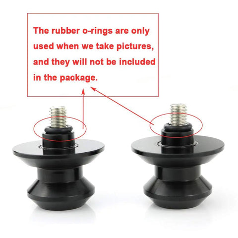 Universal CNC Machined Aluminum Swing Arm Spools with Black Spacer showing excluded rubber o-rings, M8x1.25 bolts visible.