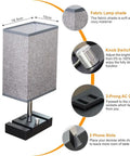 Fully Dimmable Bedside Table Lamp With Dual Phone Stands And AC Outlet Making It A Breeze To Charge Your Gadgets While You Read Sleep Or Work In Bedroom Living Room Or Study Set Of 2 Light Grey, featuring fabric shade and knob switch.