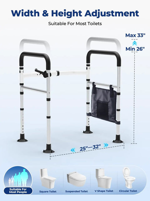 Rock Solid Adjustable Toilet Safety Rails with adjustable height, foldable design, and tissue holder for seniors and bariatric users.