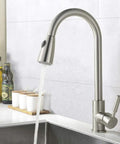 Brushed Nickel Kitchen Faucet With Pull Down Sprayer, Stainless Steel Modern High Arc Single Lever, One Hole Install in kitchen