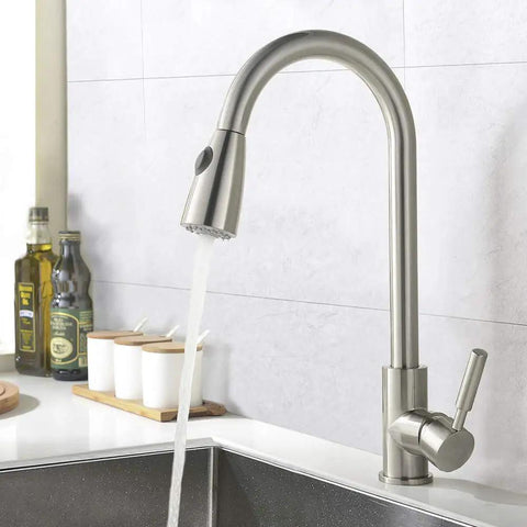 Brushed Nickel Kitchen Faucet With Pull Down Sprayer, Stainless Steel Modern High Arc Single Lever, One Hole Install in kitchen