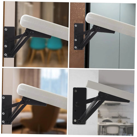 JECOMPRIS 2pc folding hinge lifting bracket, black metal with spring and white padded arm (front view)
JECOMPRIS 2pc folding hinge lifting bracket, side view with black metal frame, spring, white pad
Close-up of JECOMPRIS folding hinge lifting bracket, black metal with coil spring and mounting plate
Installed on cabinet door: JECOMPRIS folding hinge lifting brackets, black with springs and white pad