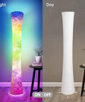 Pair Of Super Cool Sixty One Inch Smart Rgb Led Corner Floor Lamps That Sync With Music And Offer Sixteen Million Diy Colors Plus Three Color Temps Controlled By App Or Remote For Your Bedroom Or Living Room Setup, shown in vibrant night mode and neutral day mode.