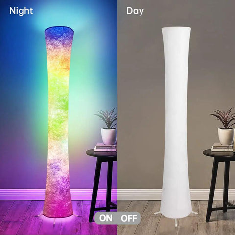 Pair Of Super Cool Sixty One Inch Smart Rgb Led Corner Floor Lamps That Sync With Music And Offer Sixteen Million Diy Colors Plus Three Color Temps Controlled By App Or Remote For Your Bedroom Or Living Room Setup, shown in vibrant night mode and neutral day mode.