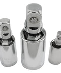 Universal Joint Socket Set 3-Piece For 1/4 In, 3/8 In, And 1/2 In Drives, Built Tough With Chrome Vanadium Steel, Rust-Resistant Finish, Spring-Loaded Locking Ball, Smooth Swivel Action For Hard-To-Reach Angles And Quick Reliable Access. Three chrome universal joints for 1/4, 3/8, and 1/2 in drives