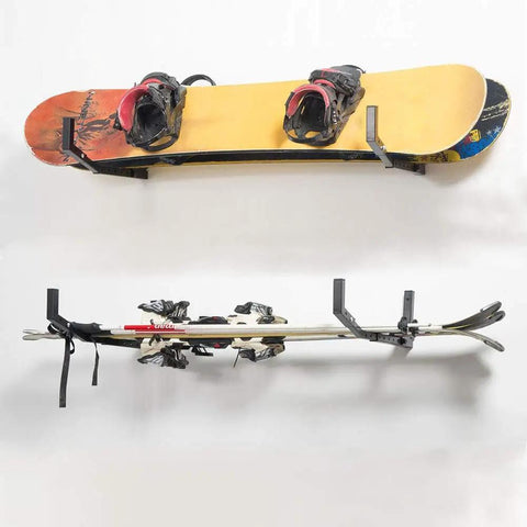 Adjustable Kayak Garage Storage Hooks Wall Mount Set Of 2 Heavy Duty Hangers holding snowboard and skis, foldable design