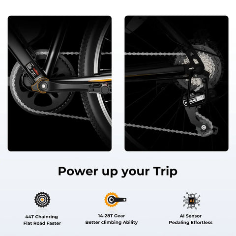 Electric Bike For Adults With 1000W Peak Motor 20 MPH Top Speed, close-up of chain and gearing system setup