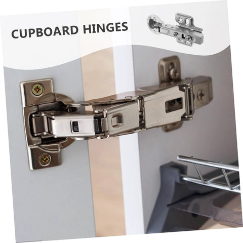 Stainless steel cabinet hinge with hydraulic buffer, mounted on a kitchen cabinet door (close-up)
