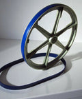 Blue Ultra Duty Band Saw Tires For 33 WM14 Band Saw Beefed Up Urethane Replacement shown on metal wheel