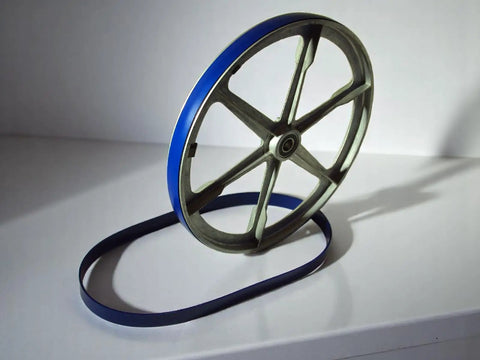 Blue Ultra Duty Band Saw Tires For 33 WM14 Band Saw Beefed Up Urethane Replacement shown on metal wheel