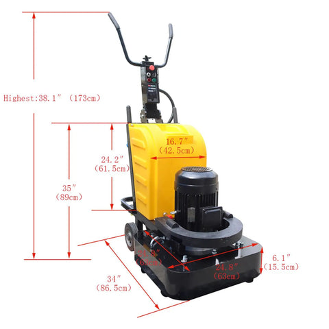 Electric Concrete Floor Grinder for Wet and Dry Grinding, Beast Mode Polisher side view with dimensions shown