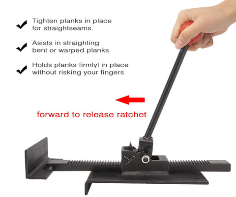 Flooring Jack Tool For Hardwood And Laminate Installations with ratchet and hand demonstrating use