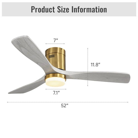 52 Inch Modern Ceiling Fan With Light And Remote, Quiet DC Motor, Solid Wood Blades, Flush Mount, Gold Finish