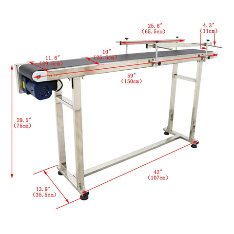 110V PVC Belt Conveyor With Double Guardrail, 59 Inch Length, 7.8 Inch Wide Belt, Anti Static Industrial Grade Belt, Stainless Steel Frame, Adjustable Speed For Efficient Industrial Transport showing dimensions and structure