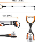 43-inch foldable grabber tool with magnets displaying extended and folded positions with 5lb capacity
