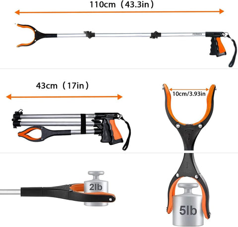 43-inch foldable grabber tool with magnets displaying extended and folded positions with 5lb capacity