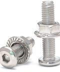 Close-up of Stainless Steel M6 Beveled Hex Socket Head Screws With Flange Nuts Kit For DIY Projects, M6x40 length, 304 grade hardware