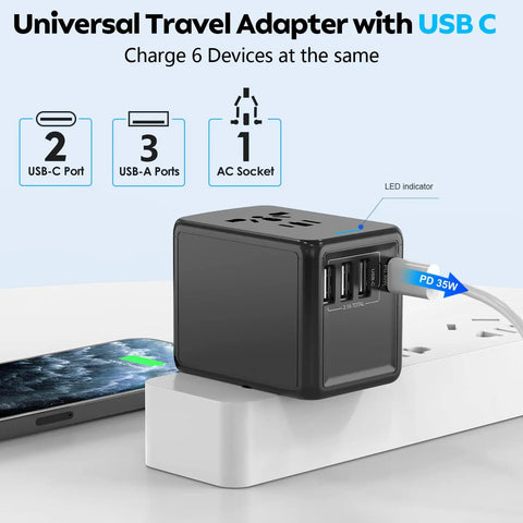 Fast 35W PD USB C Travel Adapter with 2 USB C and 3 USB A ports on a power strip, charging MacBook Air