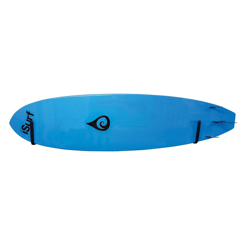 Heavy Duty Aluminum Surfboard Wall Cradle With Thick Scratch Proof Padding For A Straight Up Secure Hold And No Sweat Strapless Setup For Paddleboards And Garage Gear Storage holding a blue surfboard.