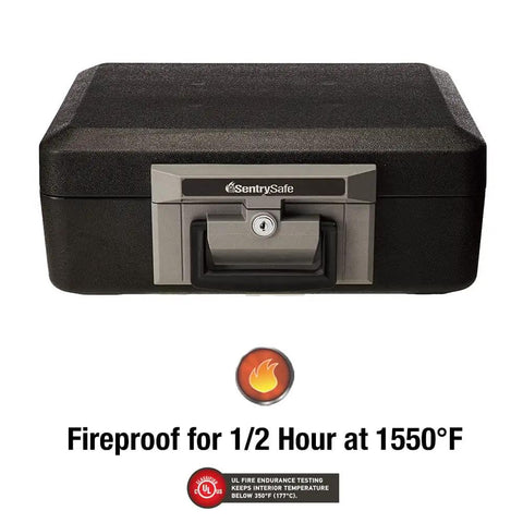 Front view of Fireproof Safe Box With Key Lock And Carry Handle For Locking Down Cash, Jewelry, And Important Documents At Home, 0.25 Cu Ft.