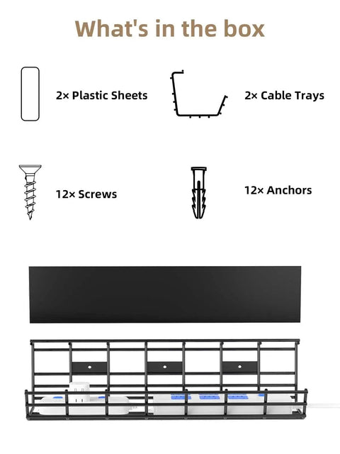 What's in the box of 2 Pack Under Desk Cable Management Trays Large Sturdy Metal Cord Organizer For Office And Home
