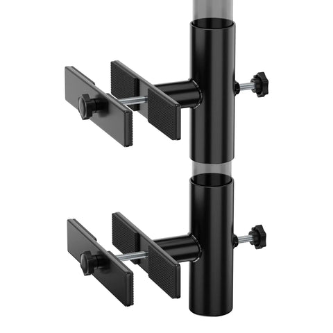 Beefy Adjustable Patio Umbrella Stand For Deck Railing Mounts Heavy Duty Steel Base With Clip Clamp, black rust-resistant finish.