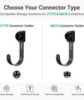Heavy Duty EV Charger Wall Mount Bracket Compatible With SAE J1772 Connectors, featuring J1772 and NACS holders for organized cord storage.