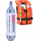 Beefy 38 Gram CO2 Cartridge With 3/8-24 Threaded Neck 50cc Gas Cylinder next to an inflatable life jacket.