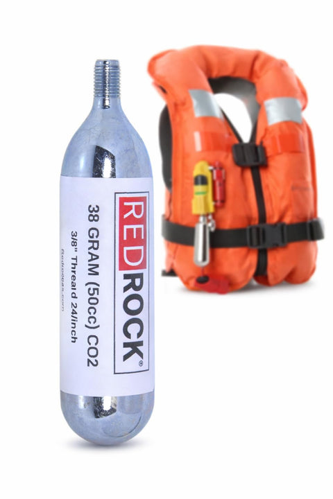 Beefy 38 Gram CO2 Cartridge With 3/8-24 Threaded Neck 50cc Gas Cylinder next to an inflatable life jacket.