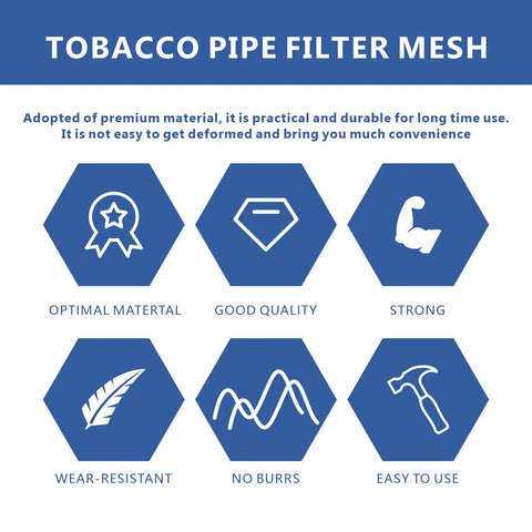 Tobacco pipe filter mesh with icons for optimal material, quality, strength, wear-resistance, no burrs, easy use features.