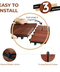 Hands assembling Hardwood Interlocking Patio Deck Tiles Pack Of 10 12x12 Inch Natural Wood Flooring Interlocking Floor Mats with Easy Snap Lock.
