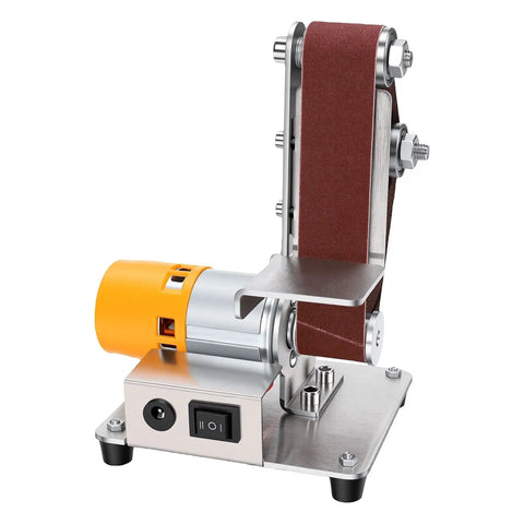 Oreilet 3 In 1 Mini Belt Sander With 7 Speed Adjustable Settings And 20 Sanding Belts For Knife Sharpening Woodworking And Jewelry Polishing Compact Bench Grinder Tool, showcasing sanding belt and motor.