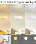 Three color temperature display of 11.5in Small Lantern Pendant Light, White Imitation Silk Bubble lamp in warm, neutral, and white light.