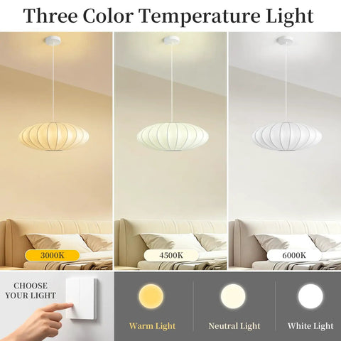 Three color temperature display of 11.5in Small Lantern Pendant Light, White Imitation Silk Bubble lamp in warm, neutral, and white light.