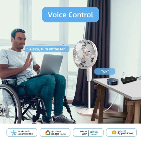 Zigbee Smart Power Strip Surge Protector With Fast Charging And Four Independently Switched Outlets Syncs With Alexa Google Home Philips Hue Black Slick Hub Powered Gear For Hassle Free Setup in use with a fan and voice control.